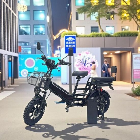 صورة دراجة كهربائية قوية بمقعدين سلة وبطارية احتياطية